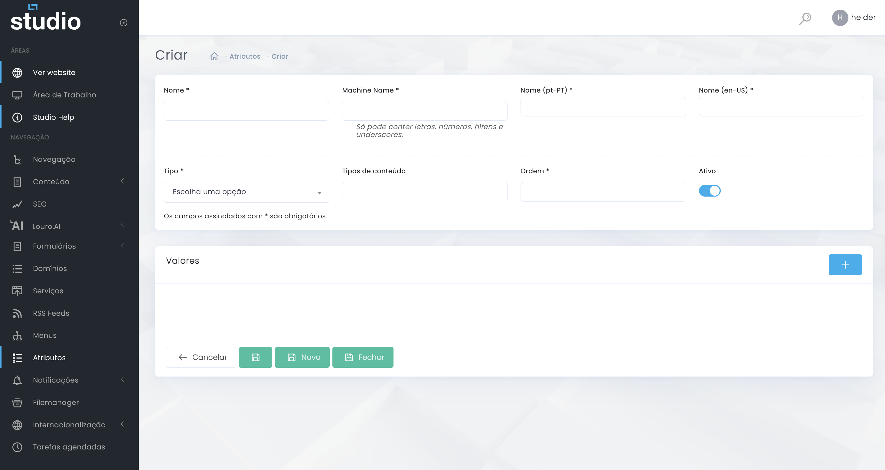 Criação de atributo no Studio CMS